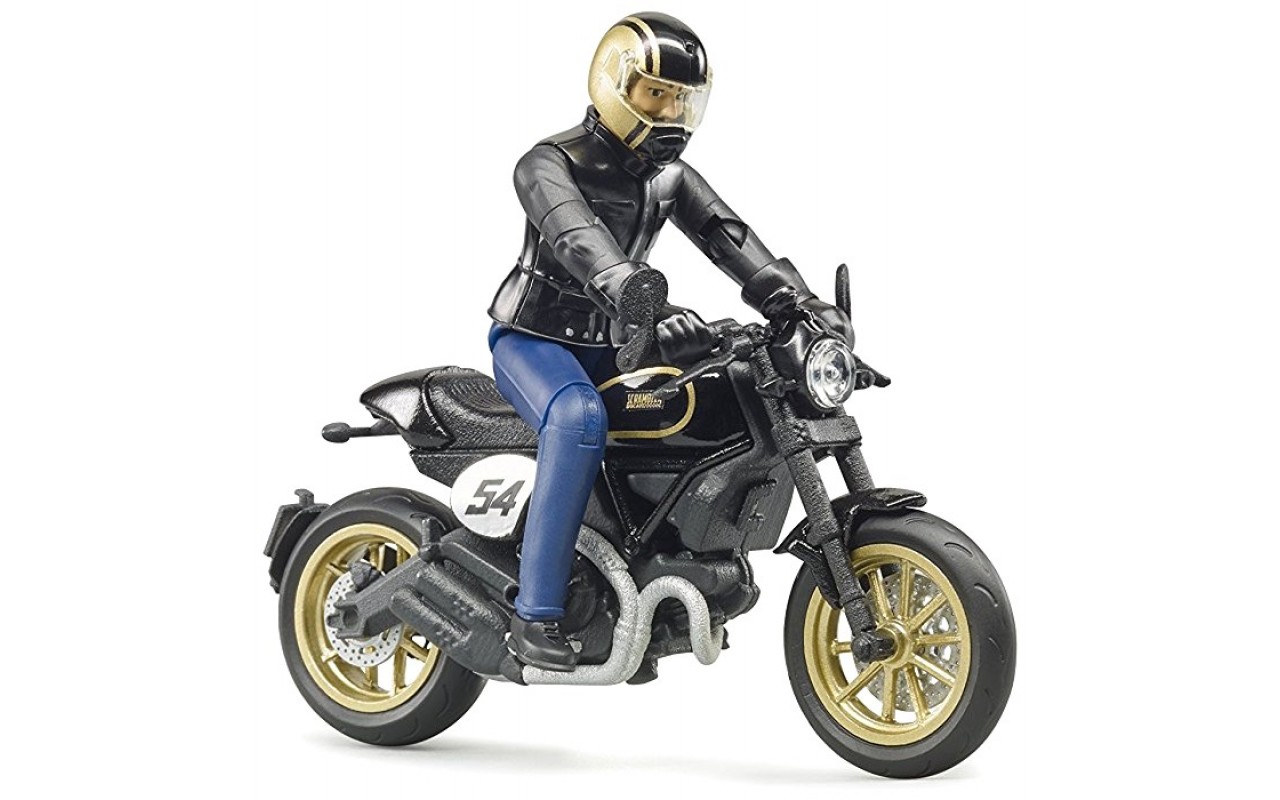 Мотоцикл Scrambler Ducati Cafe Racer с мотоциклистом  